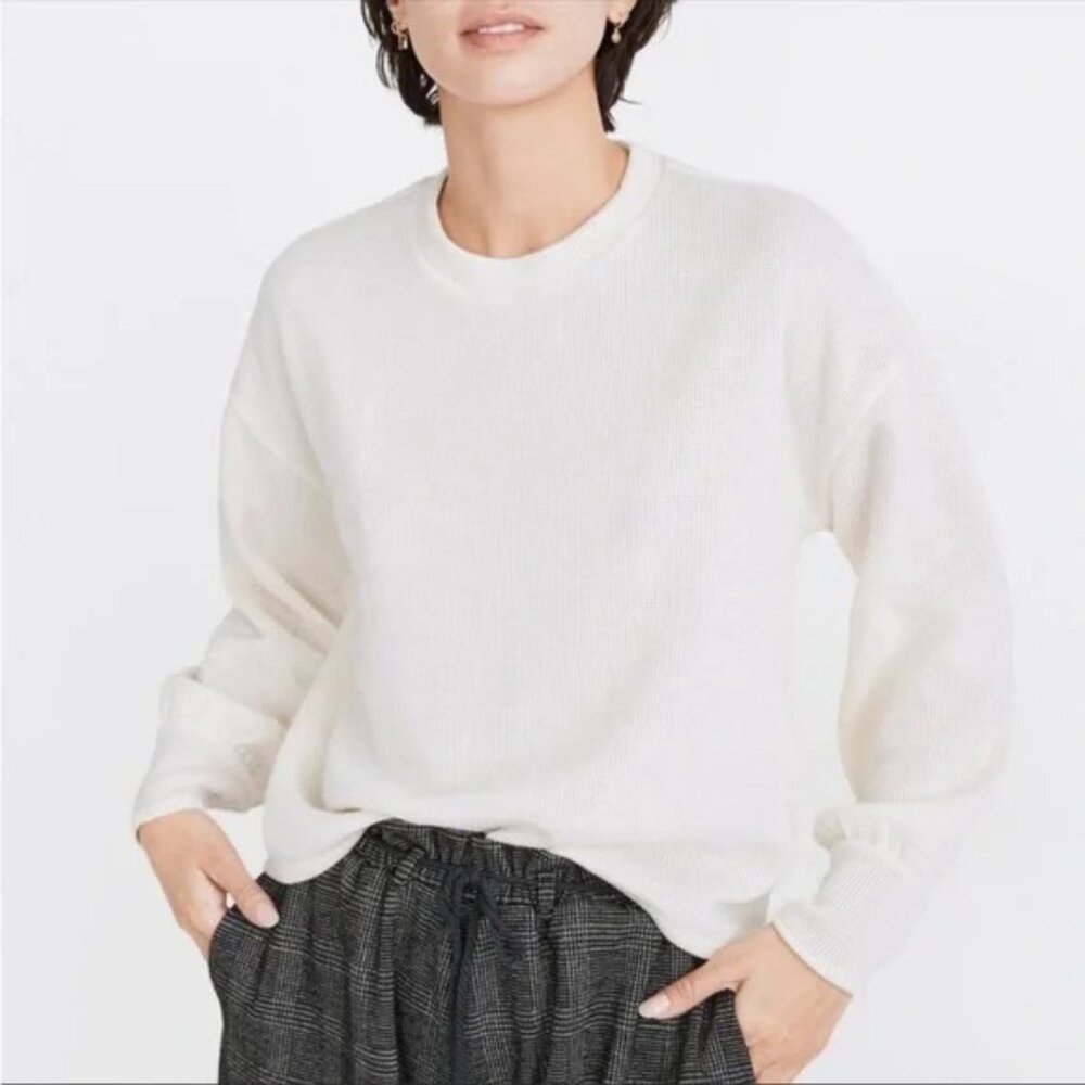 MADEWELL IVORY BRUSHED KNIT PUFF-SLEEVE SWEATER S